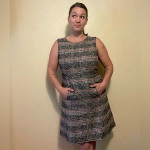 Talbots Wool Blend Tweed Plaid Houndstooth Holiday Sleeveless Shift Dress 14 P